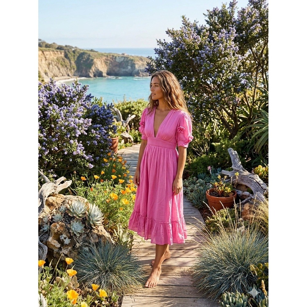 Carolina K Greta Dress Mexican Pink Cotton Gauze Midi Deep V Ruffle Smoked S